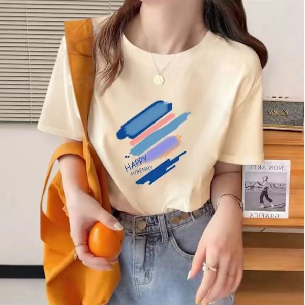 Bomulds T-shirt med korte ærmer til kvinder, sommernyhed, regnbue-graffitiprint, T-shirt med korte ærmer Almond L