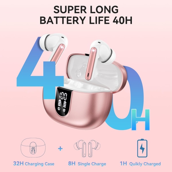 Trådløse ørepropper, Bluetooth 5.3 hodetelefoner 40 timer spilletid dyp bass stereo, LED-strømindikator, støydempende hodetelefoner med mikrofon, IP7 vanntett Rose Gold