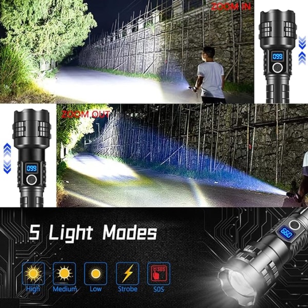 Superkirkas taskulamppu, ladattava, 100 000 lumenia, tehokas LED-taskulamppu, kirkkain taskulamppu retkeilyyn ja hätätilanteisiin