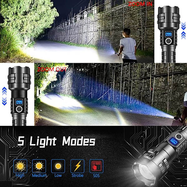 Superlys Superlys Lommelygte Høj Lumen Genopladelig, 100000 Lumen Drevet LED Lommelygte Den klareste lommelygte til camping, nødsituation