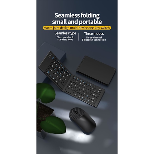 Foldbar Tastatur og Mus Combo, Bluetooth Bærbar Tastatur, Genopladelig Bærbar Rejse til iOS Android Windows Mac OS, Understøtter 3 Enheder