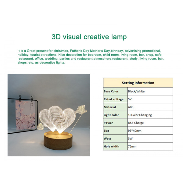 Qinwei 3D LED Nattlys Akryl Dobbel Hjertelampe Fjernkontroll 3D Illusion Lampe Valentinsdag Home Decoration Light -- Style U