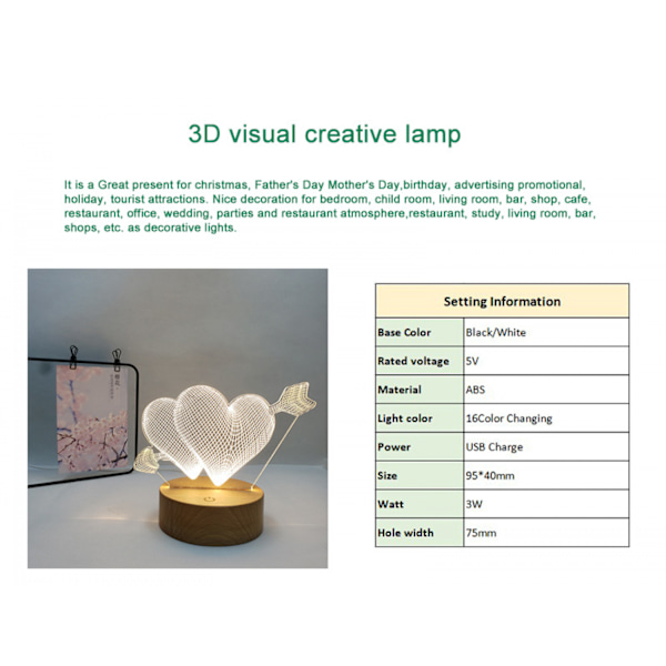 Qinwei 3D LED nattlys Akryl dobbelt hjertelampe Fjernkontroll 3D illusjonslampe Valentinsdag Hjemmedekorasjonslys -- Stil U