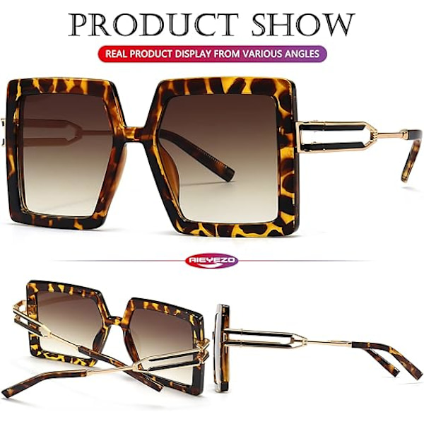 Oversized solbriller for kvinner, firkantet mote, store rammer, solbriller med UV400-beskyttelse Leopard/Brown Gradient
