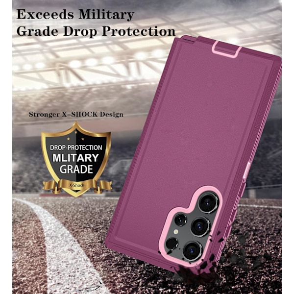 Kompatibel med Samsung GaIaxy S24 Ultra 6.8 tum Skal med HD Skärmskydd, Kraftigt stöttåligt & fallsäkert 3-Lagers Telefonskydd BeltClip_WineRed