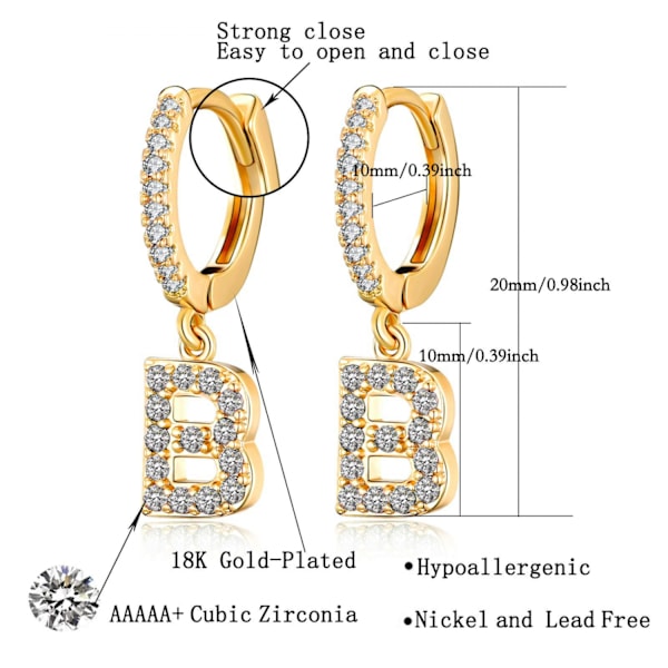 Hoop-øreringe til kvinder og piger - 18K forgyldt - små, fine creoler med cubic zirconia-initialer - C