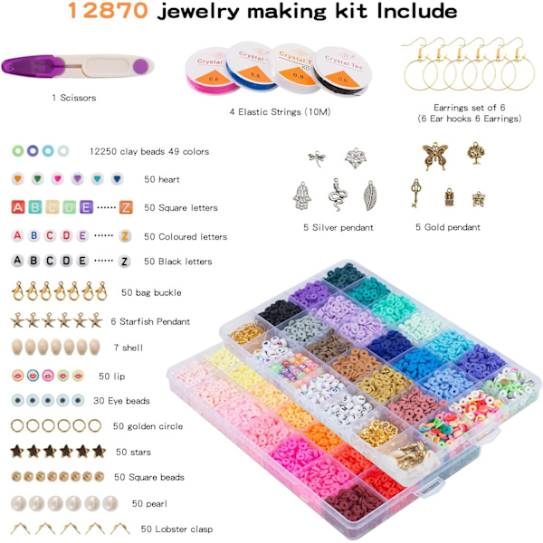 12870 st lerpärlor för armband halsband smyckestillverkningssats, polymerplatt runda pärlor med elastiska snören berlockset