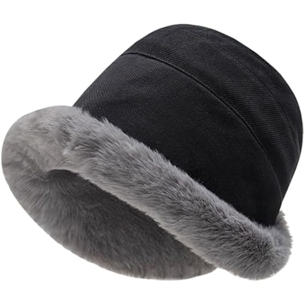 Plush Fuzzy Bucket Hat för Kvinnor Varm Fluffig Konstgjord Päls Fiskehatt Vinter Skid Utomhus Vindtät Varm Fleecefodrad Hatt Black