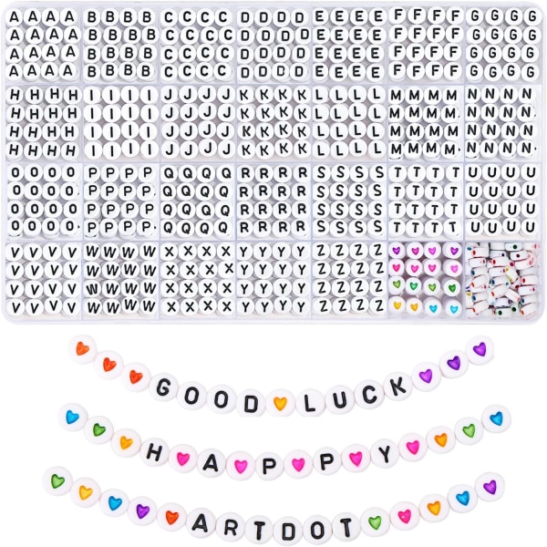 1820 stycken bokstavspärlor, 28 stilar alfabetspärlor färgglada smiley-pärlor hjärtpärlor för armband och smyckestillverkning Whtie