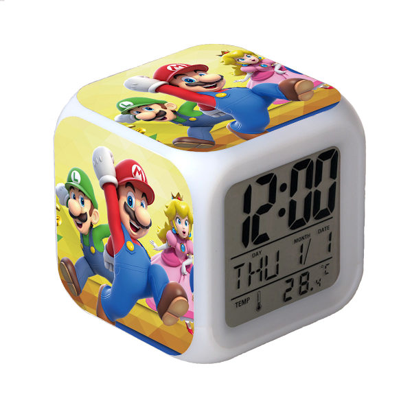 R-timer Super Mario Bros 7-färgad digital väckarklocka med tid, temperatur, alarm, datum
