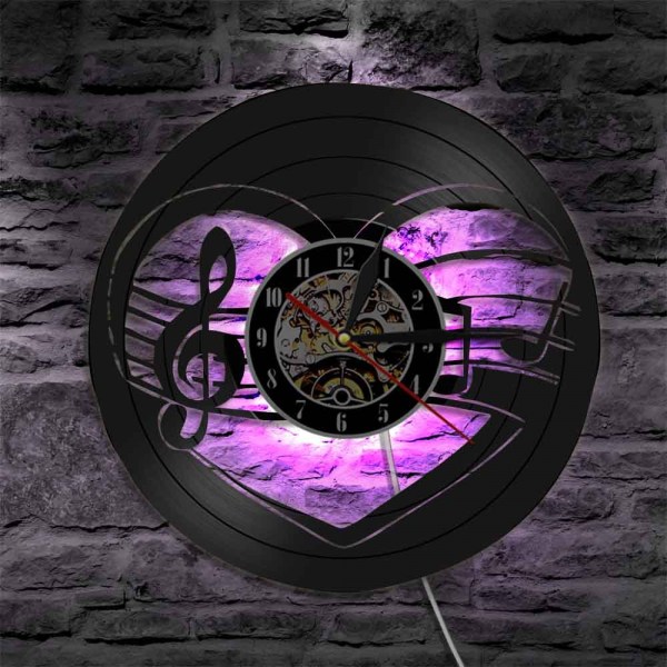 Musik vinylplade vægur -Musiknoter LED lys vægur -Vinyl ur -Vægindretning i stuen - Unikke gaver til musikelsker