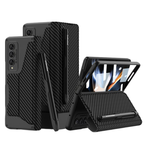 For Samsung Galaxy Z Fold 4 Lommebokveske med Avtakbar S Pen Holder Hengselbeskyttelse Trådløs Lading Lærdeksel Karbonfiber