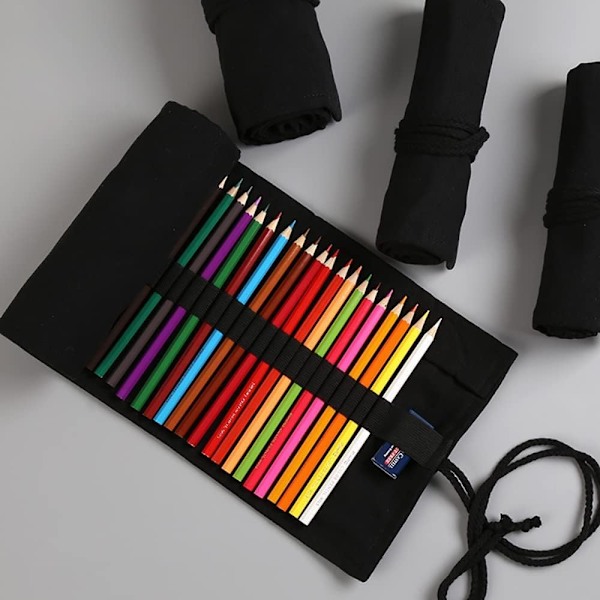 Slots Blyantmappe Blyantruller, Kunstner Fargeblyanter Rulleveske Korte Børster Pose Etui Blyantorganisator for Tegning Fargelegging a black 36 slots