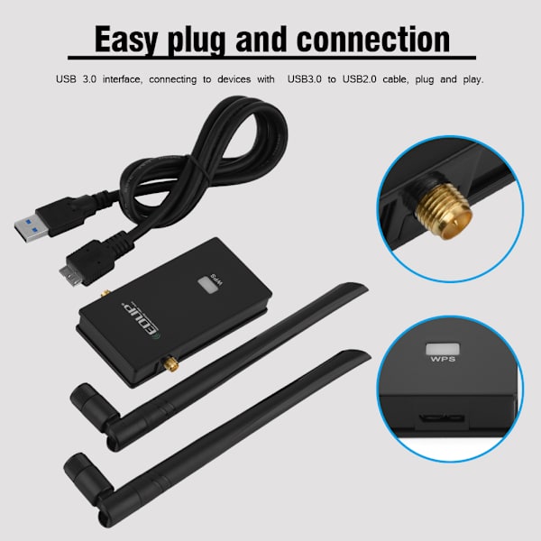 EDUP 1200Mbps 2.4G+5.8G kaksoiskaistainen nopea USB3.0 WIFI-sovitin kaksoisantennilla