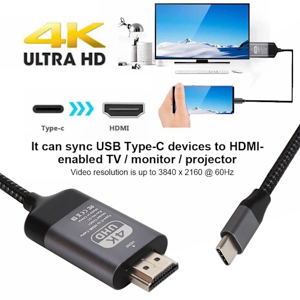 Typ C till HDMI-kabel 4K60hz Aluminiumskal Vävda 2M USB C till HDTV för MacBook Pro 15 och 13 2017 / 2016