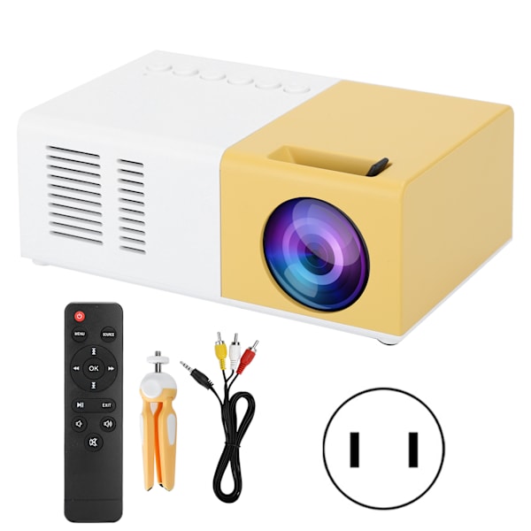 Mini bærbar LED-projektor 1800LM med stativfeste for hjemmeunderholdning (gulhvit)