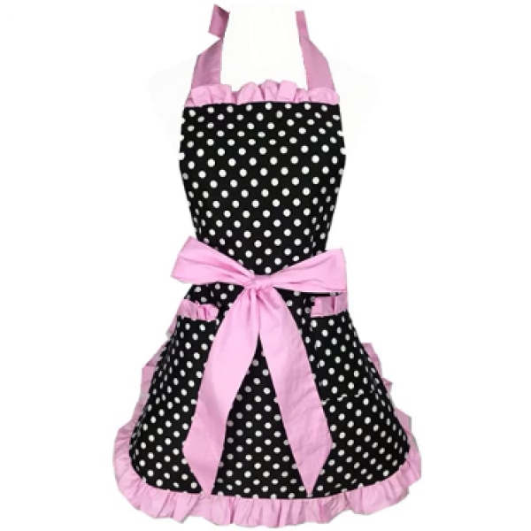 Kitchen Apron Cute Apron Retro Black Polka Dot Retro Ruffle Edge Retro Cooking Apron With Pockets, Ladies And Girls' Style (Pink)