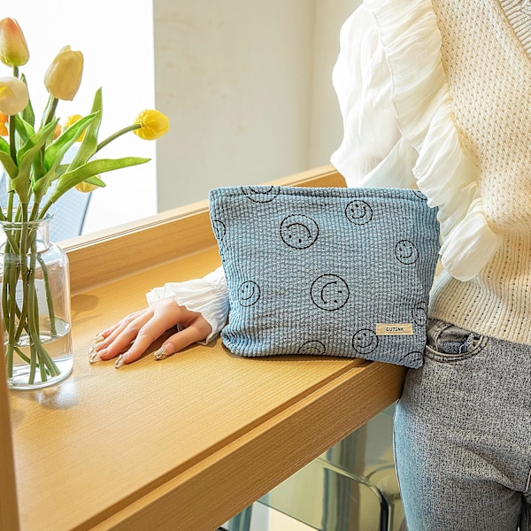 Makeup Taske Til Kvinder - Fløjls Kosmetiktasker Æstetisk Design Dame Tote Taske, Dame Penalhus, Sød Smiley Ansigts Makeup Organizer blue