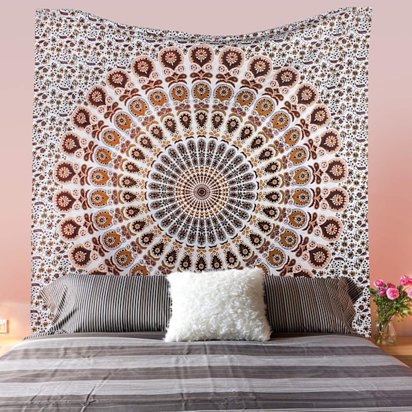 Wekity Hippie Bohemian Psychedelic Golden Blue Peacock Mandala Seinävaate Vuodevaatteet Gobelini (Oranssi Ruskea, Koko: 51.2\" x 59.1\")