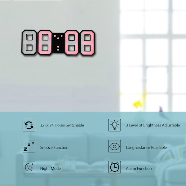 3D LED Digital Væg Alarmur med 3 Lysstyrkeniveauer Snooze-funktion 12/24H Display 3-farver
