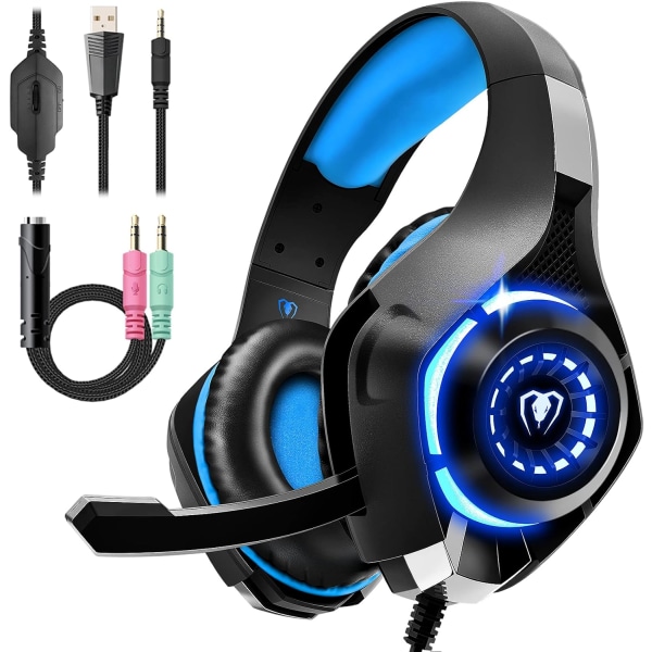 Gaming Headset til PS4 PS5 Xbox One Switch PC med støjreducerende mikrofon, dyb bas stereolyd... (sort blå)