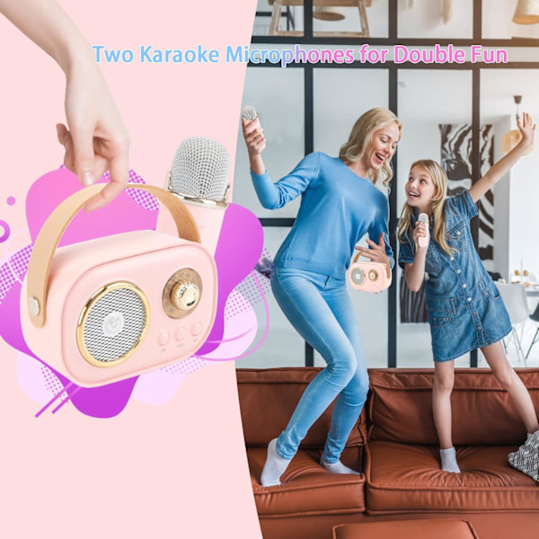 Pink Mini Karaoke Maskine til Børn, Bærbar Bluetooth Højttaler med 2 Trådløse Mikrofoner, Retro Højttaler Sæt Stereo Lyd Forbedret