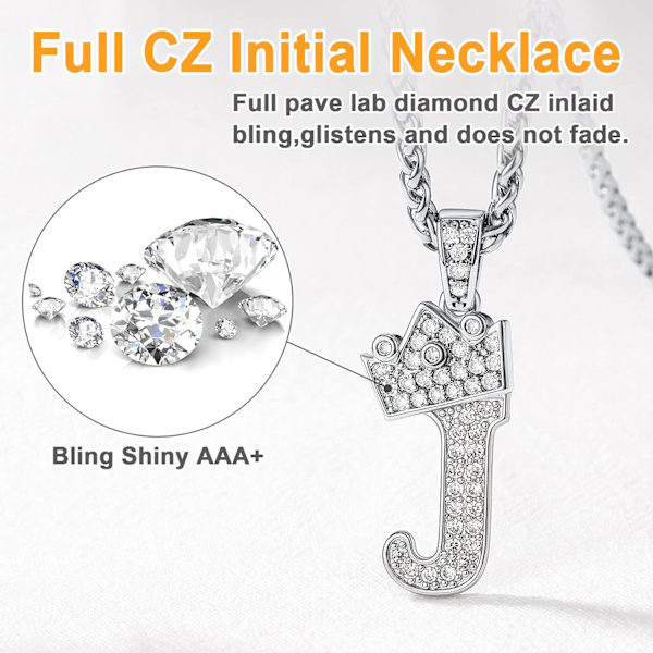 Krone Initial A-Z Halskjede, Iced Out Bokstavanheng med 22-24 Tommers Kjede, Menn Kvinner Bling Hip Hop Alfabet Navn Smykker Gave Store Initialer Halskjeder J Silver