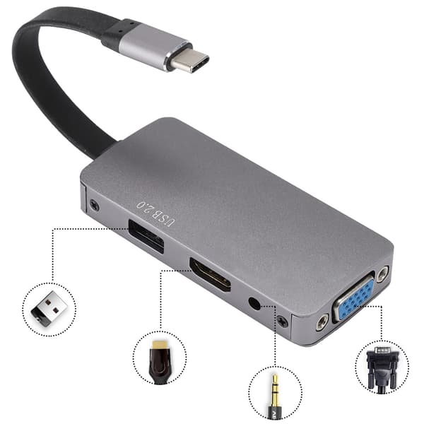 4 in 1 USB-C - HDMI+VGA+AUDIO+USB2.0 Video Hub -sovitin telakointiasema