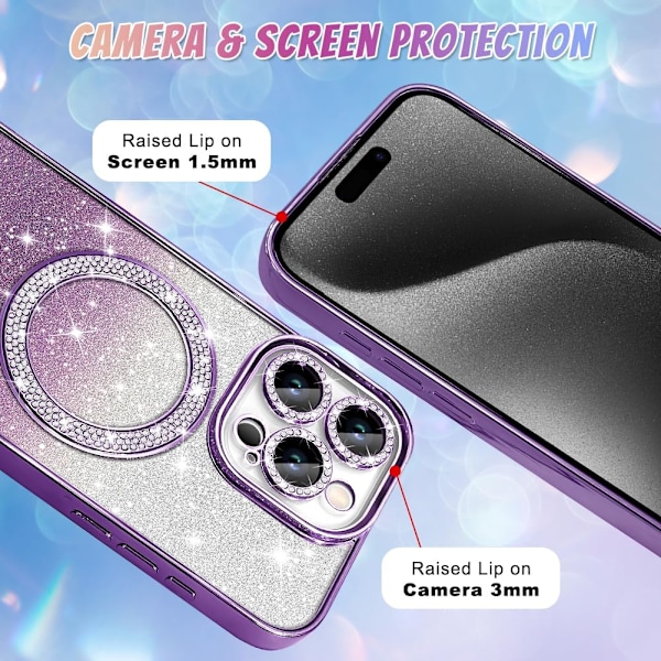 iPhone 15 Pro Cover 6,1 Tommer med MagSafe-understøttelse, Belagt Diamantglimmer Magnetisk Cover Skærmbeskytter Kamerabeskyttelse purple