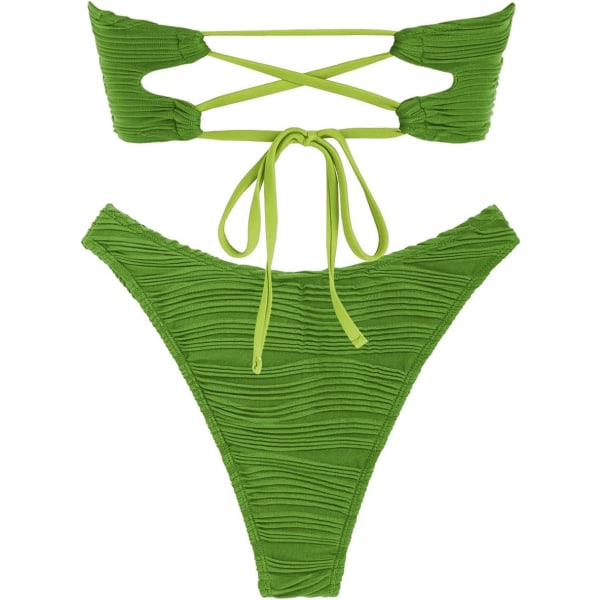 WJSMWomen 2-delt Bandeau badedrakter Ribbet blonder opp stroppeløs Bandeau Bikini sett Høy kutt badedrakter 1-light Green L