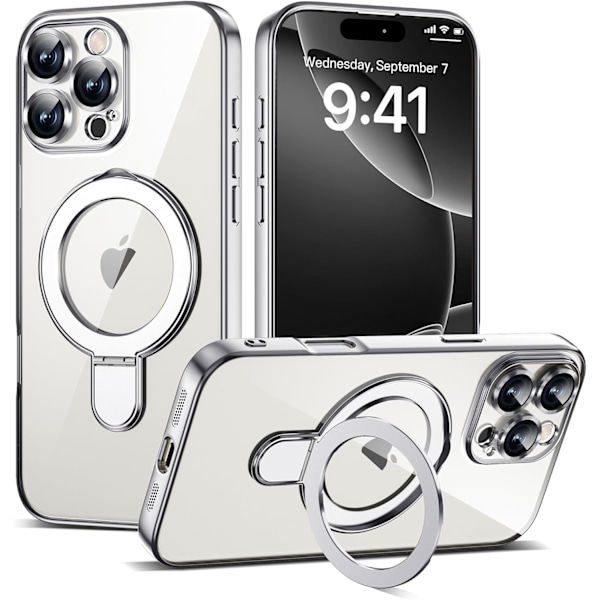 Kompatibelt med iPhone 16promax Skal med Magnetisk Ringstativ [Kompatibelt med Mag-Safe] [Fullständigt Kameralinsskydd] Pläterad Klar Silver