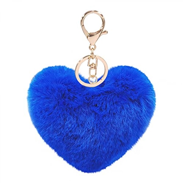 Kvinders hjerte Puffball nøglering imiteret pels Pom Pom nøgleholder taske tilbehør nøglering rygsæk charms til piger--kongeblå