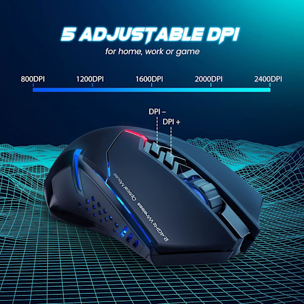 Trådlös Spelmus - USB Sladdlös PC-Tillbehör Datormöss med LED-Bakgrundsbelysning, Mus med 7 Tysta Knappar, 5 Justerbara DPI Plug&Play Blue