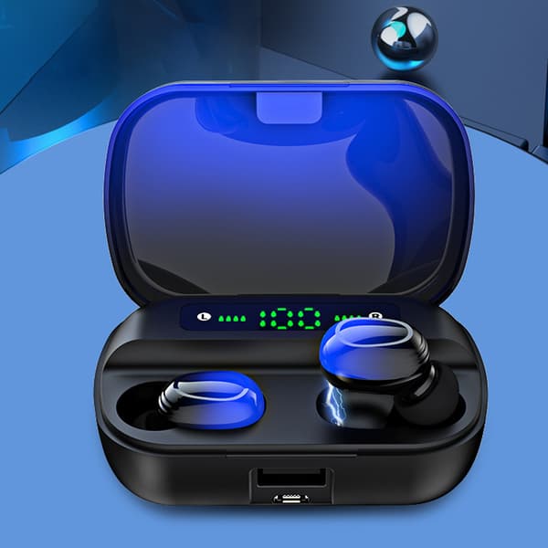 V5.0 Trådløse Bluetooth-øretelefoner Touch Control TWS Mini In-Ear-headset med opladningsboks Sort og blå