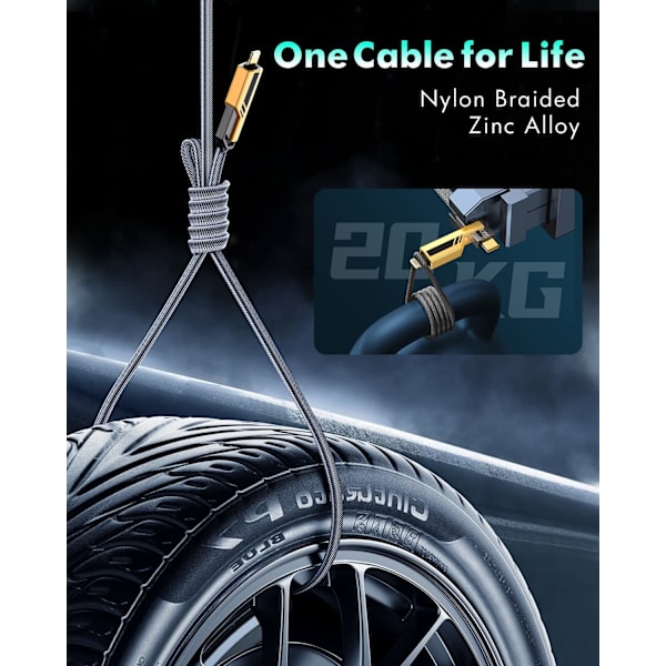 4-i-1 USB C-kabel Lynkabel 60W [Hurtig opladning og datasynkronisering] Fladvævet anti-tangle iPhone-opladerkabel med velcro (gul)