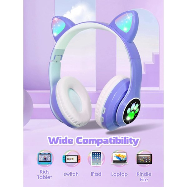 Bluetooth-hörlurar för barn, söta öron kattöron LED-ljus upp fällbara hörlurar Stereo Over Ear med mikrofon/TF-kort trådlösa hörlurar för iPho Blue
