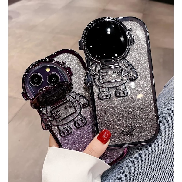 Astronaut Skjult Stativ Telefondeksel for iPhone 16 Kamerabeskyttelse Luksus Glitter Bling 6D Elektroplettert Klar Myk TPU Beskyttelse A Black