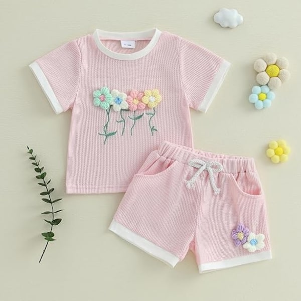 Sommarkläder för små flickor, våfflad topp med 3D-blommor, kortärmad, shorts med resår i midjan, söta babykläder pink 18-24M