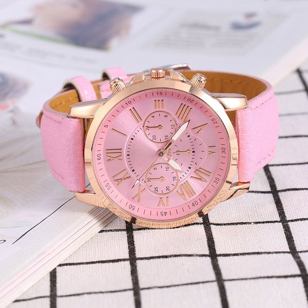 Fashion Lady PU Läderband Analog Kvarts Rund Siffra Klocka Casual Armbandsur Rosa