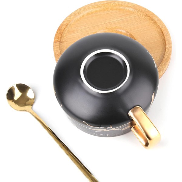 2 Pak Keramik Te/Kaffekop, 10 OZ Kaffeekop med 304 Rustfrit Stål Ske og Bambus Underkop, Marmor Espresso Kopper til Latte, Hvid og Sort