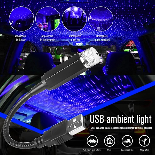 USB-yövalo projektori, auton katto tähtivalo 2-in-1 projektio muuttuu automaattisesti, musiikki muuttuu synkronisesti yövalo, kattovalo (sininen-violetti