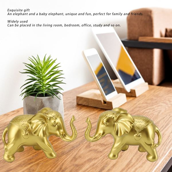 2 stk. Gyldne Elefant Statuer Holdbare Resin Elefant Figurer Håndlaget Dekorative Dyre Ornamenter for Stue Kontor