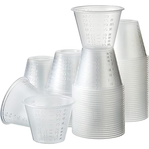 100 st Plast Universal Mätkopp för Köksmatlagning, Läkemedel, Vin, Färg, Epoxiharts, Snacks, Hantverk, Etc. (30 ml)