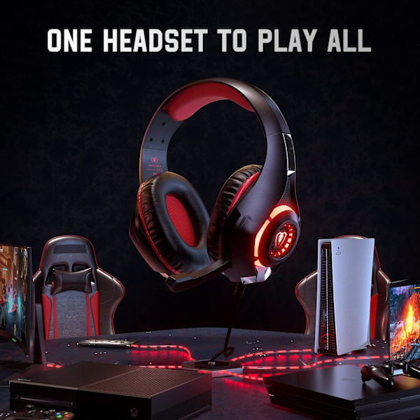 Peliheadset PS4 PS5 Xbox One Switch PC:lle, jossa melunvaimennusmikrofoni, syvä basso ja stereovaikutelma (musta-punainen)-1 Black Red