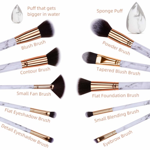 10PCS Makeup Brushes Professional， Marble  handle Brush Set, Soft and Odor-free Natural Synthetic Bristles（white ）