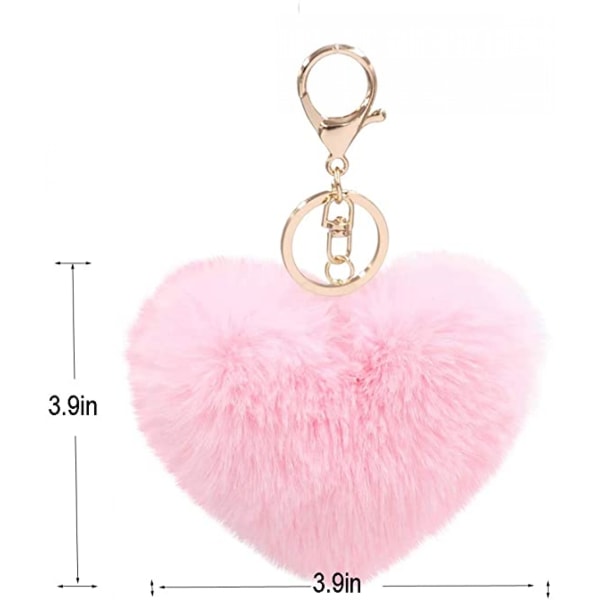 Kvinnors hjärta Puffball Nyckelring Fuskpäls Pom Pom Nyckelhållare Väska Tillbehör Nyckelring Ryggsäck Berlocker för tjejer--rosa
