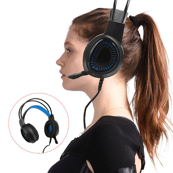 3,5 mm fargerikt lysende spillhodesett USB-hodetelefoner med ledning Mikrofon for bærbar PC Støyreduserende headset V1000Luminous Blå