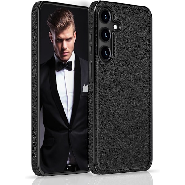Samsung Galaxy S25 6.2 tum Skal, Premium Läder Klassisk Lyx PU Halkfritt Grepp Robust Stötfångare Stöttåligt Fullständigt Kroppsskydd Black