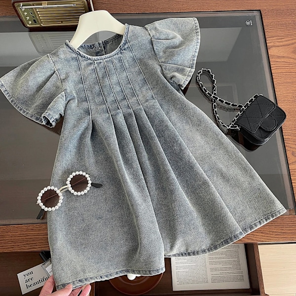Koreansk Stil Sommer Jentenes Denim Kjoler 2-4 År Barnes Kort Flare Erme Plissert Myk Denim Kjole Barneklær 120cm