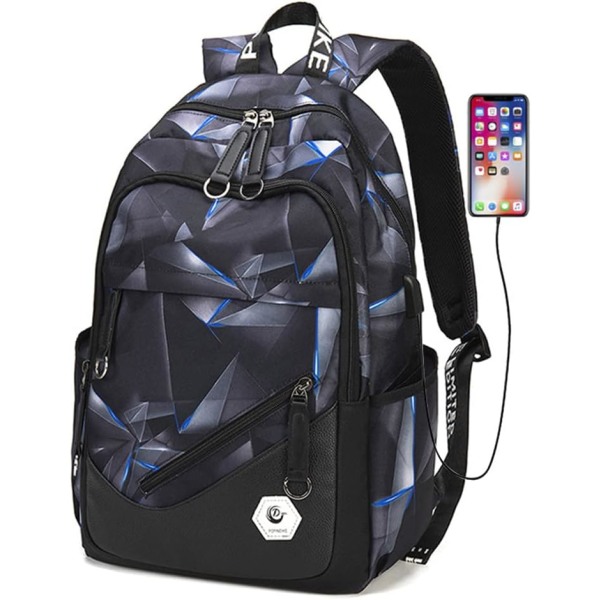 Skolryggsäck för tonårspojkar Laptop Bookbag Barn Skolväska för grundskolan Black+blue Style A-with USB Port